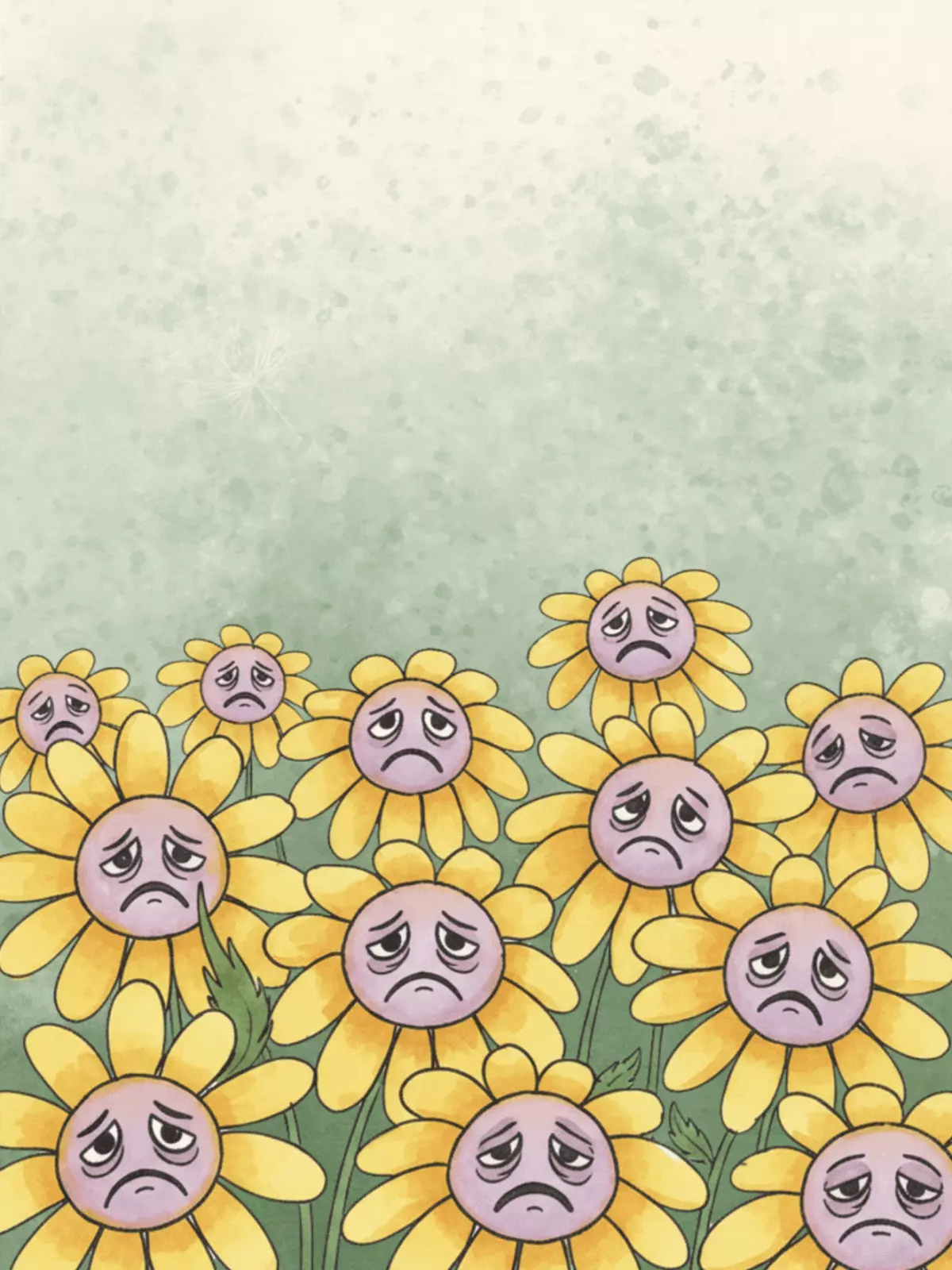 Watercolor apology card featuring sad daisies, humorous design, lighthearted 'I'm sorry' gesture, amorphous shapes, cute apology card.