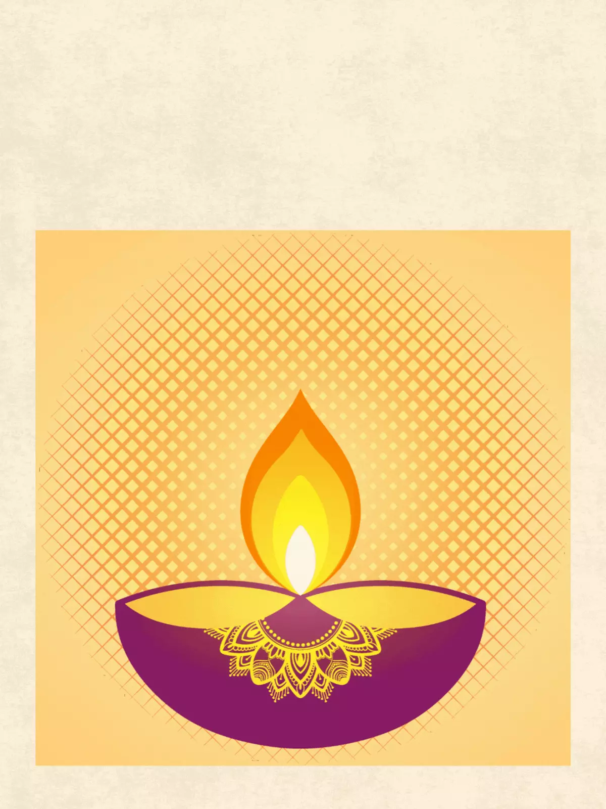 Retro Diwali card featuring halftone patterns and warm colors, minimalist design, vintage style, nostalgic Diwali celebration card