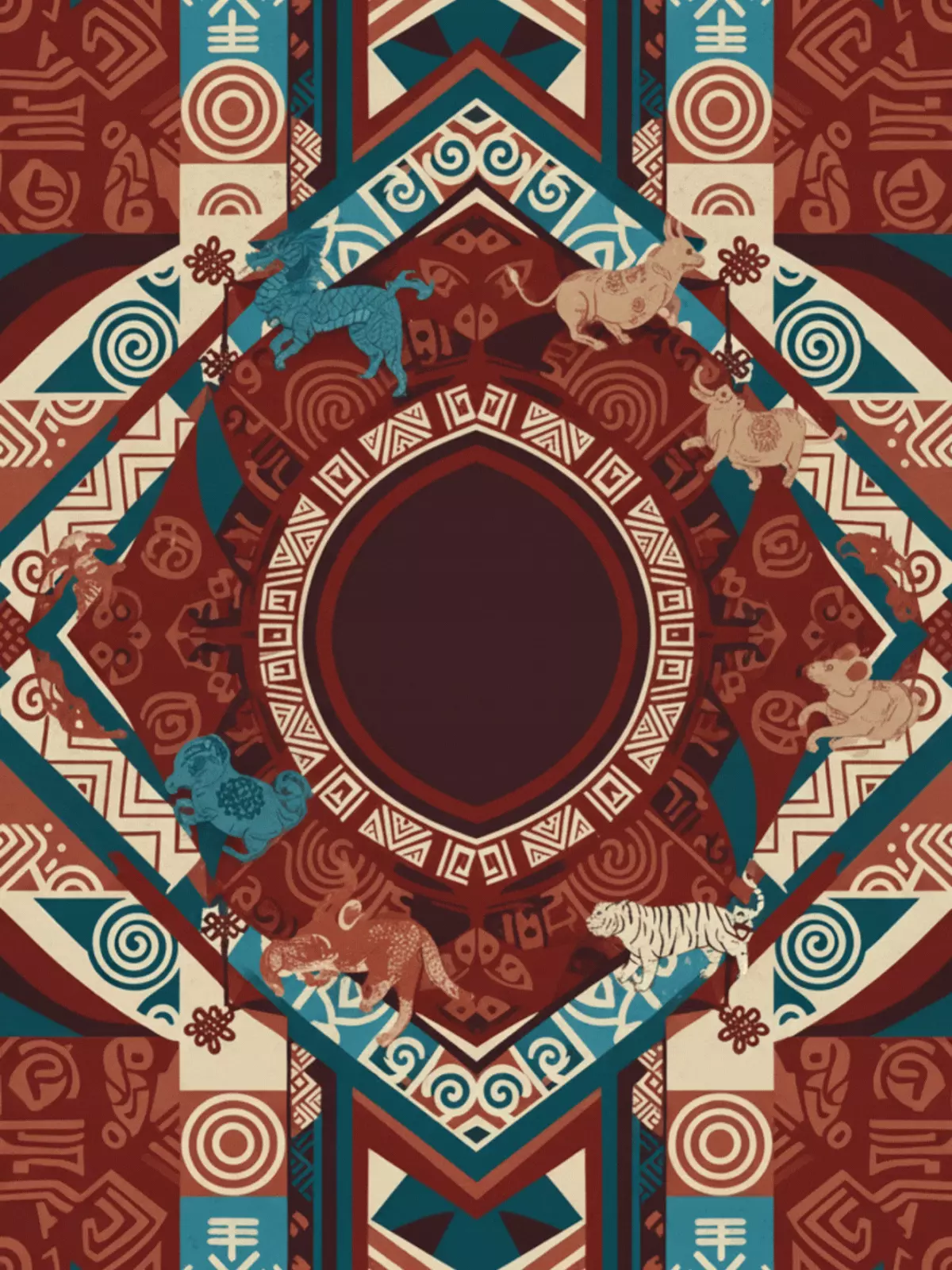 Vibrant Chinese New Year card with African tribal-inspired geometric patterns, bold lines, and a rich color palette, perfect for sending festive greetings.