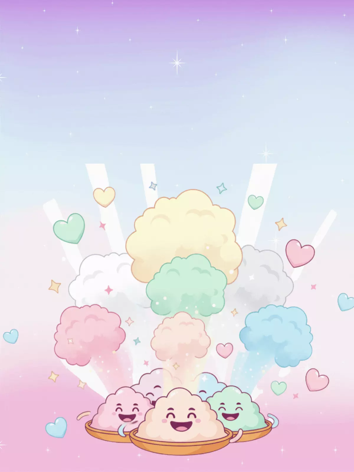 Whimsical Holi card featuring pastel powder puffs distributing colorful Holi powder, cute and soft design, perfect for her and kids.