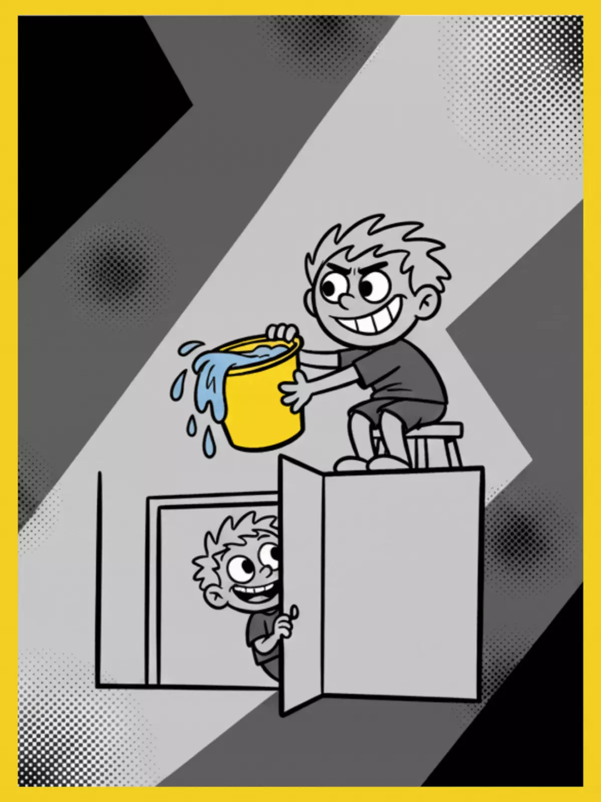 Grayscale Siblings Day card featuring cartoon siblings pulling a funny prank, with a single pop of color highlighting the prank.