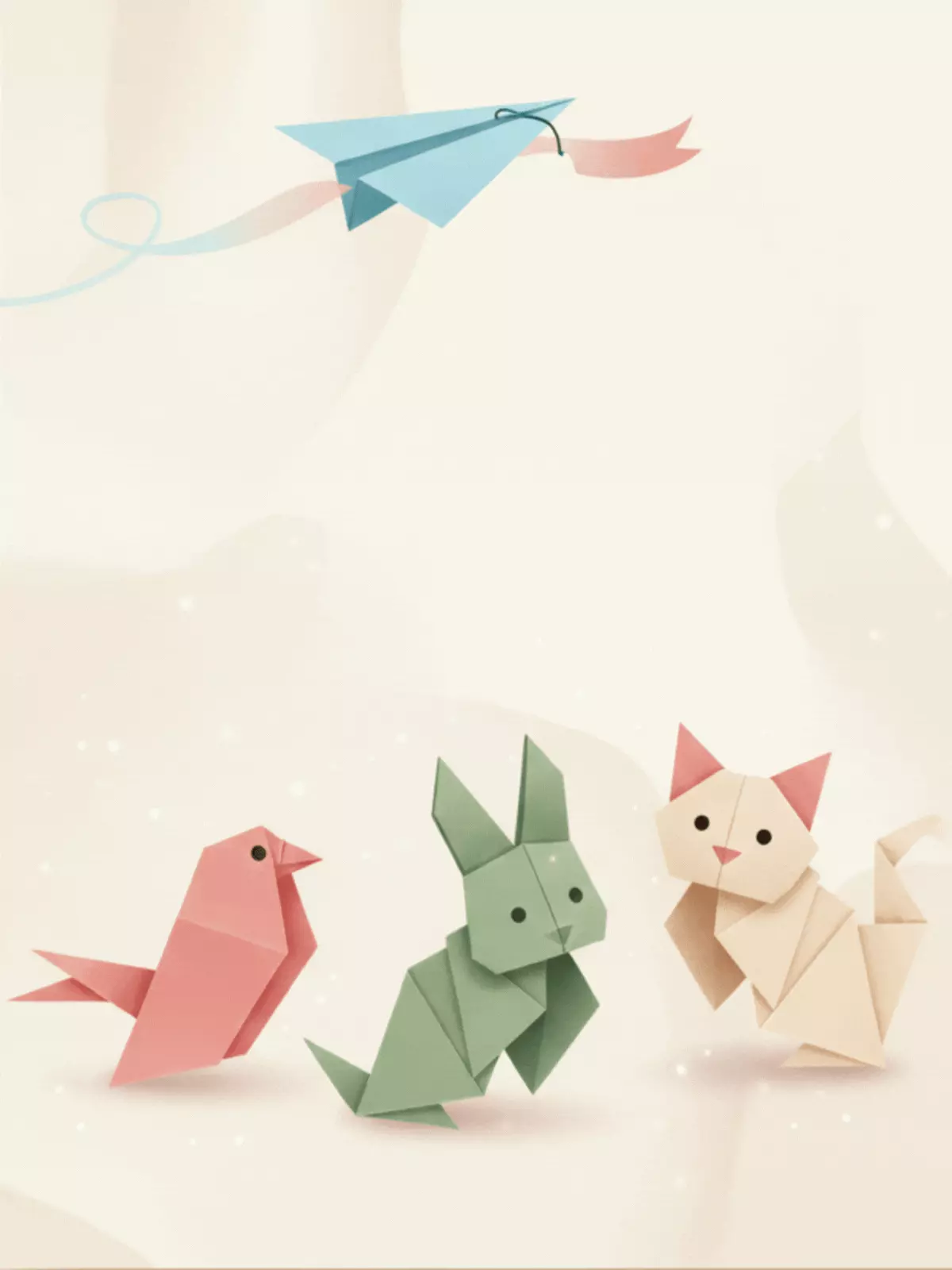 Whimsical Teacher's Day card with origami animals and a paper airplane delivering a thank you message, humorous design style, for students and parents.