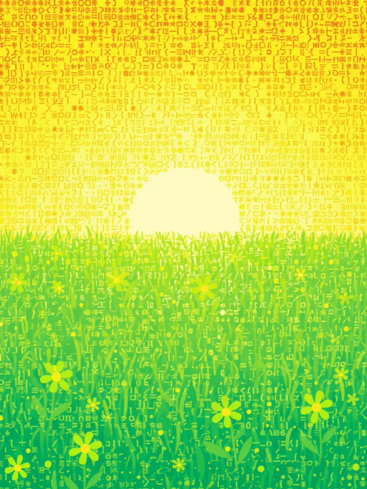Monospace meadow get well card featuring a field of flowers and grass created from text characters, whimsical style, green and neutral tones.