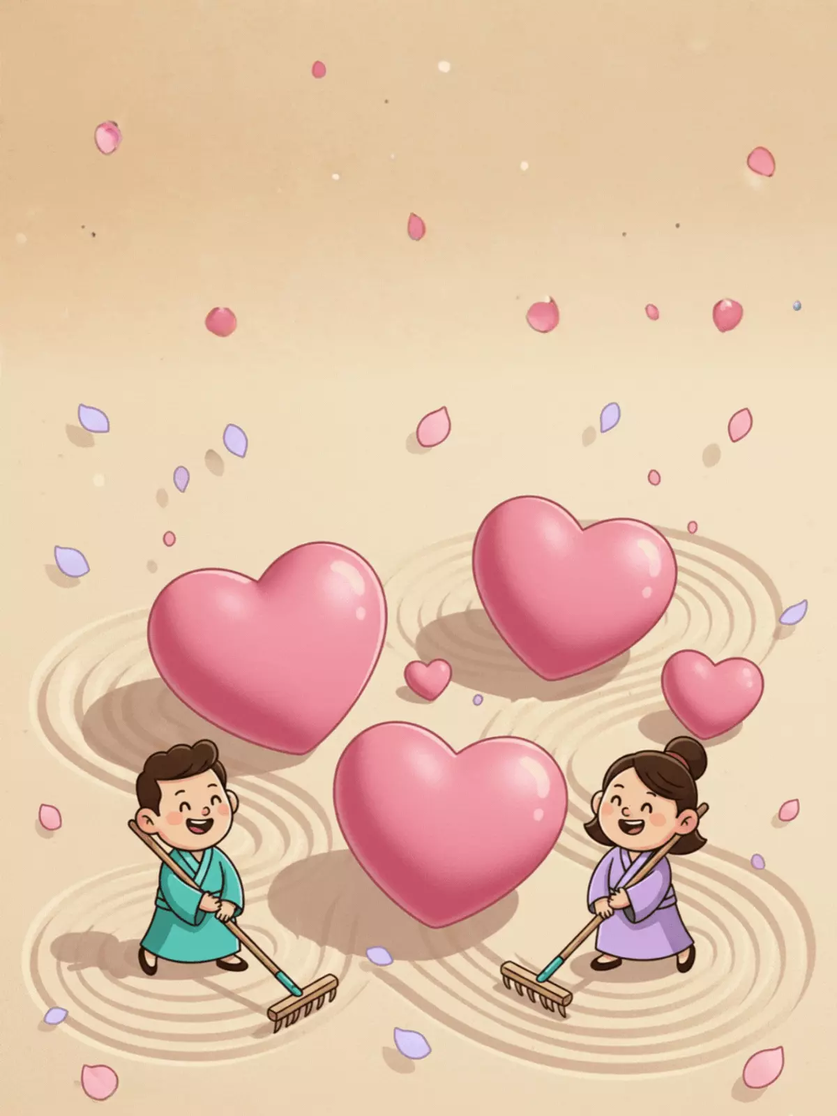 Zen Garden Anniversary card featuring raked sand, minimalist Japanese design, humorous anniversary message, nature-inspired, calm and peaceful style.