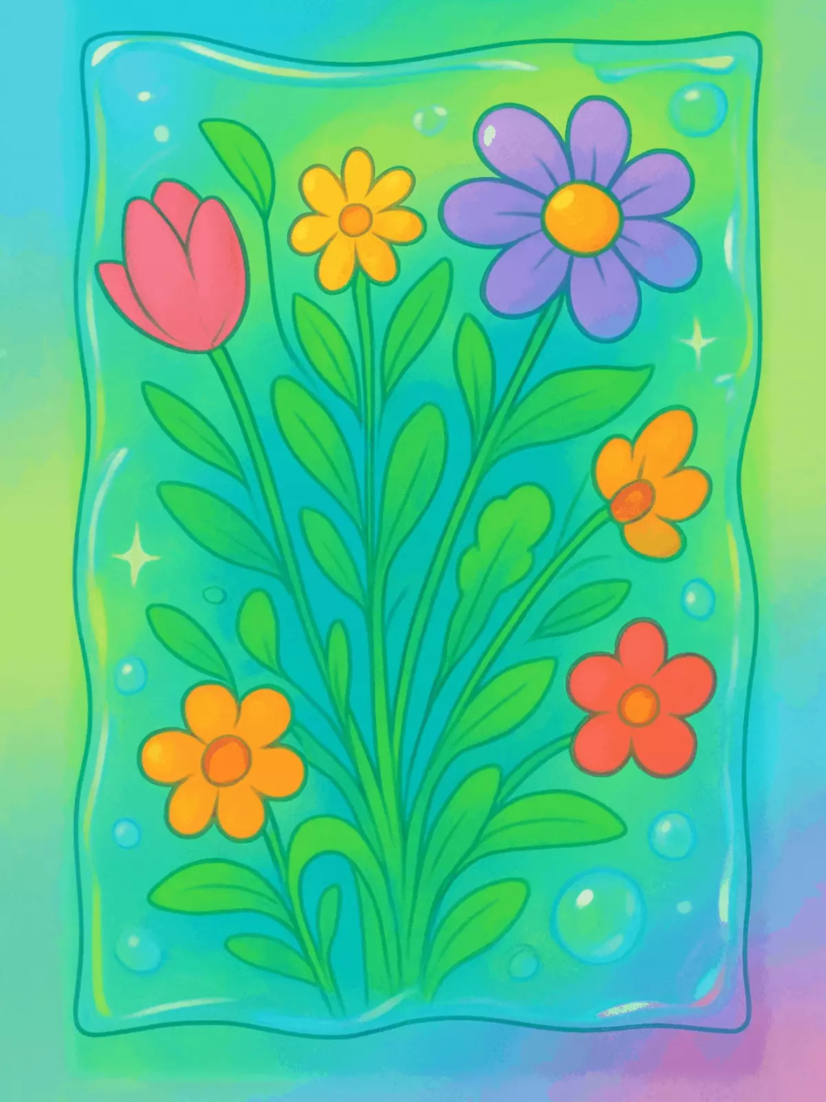 Funny floral 'Thinking of You' card featuring a glass effect with distorted and refracted flowers, creating a surreal and humorous design.