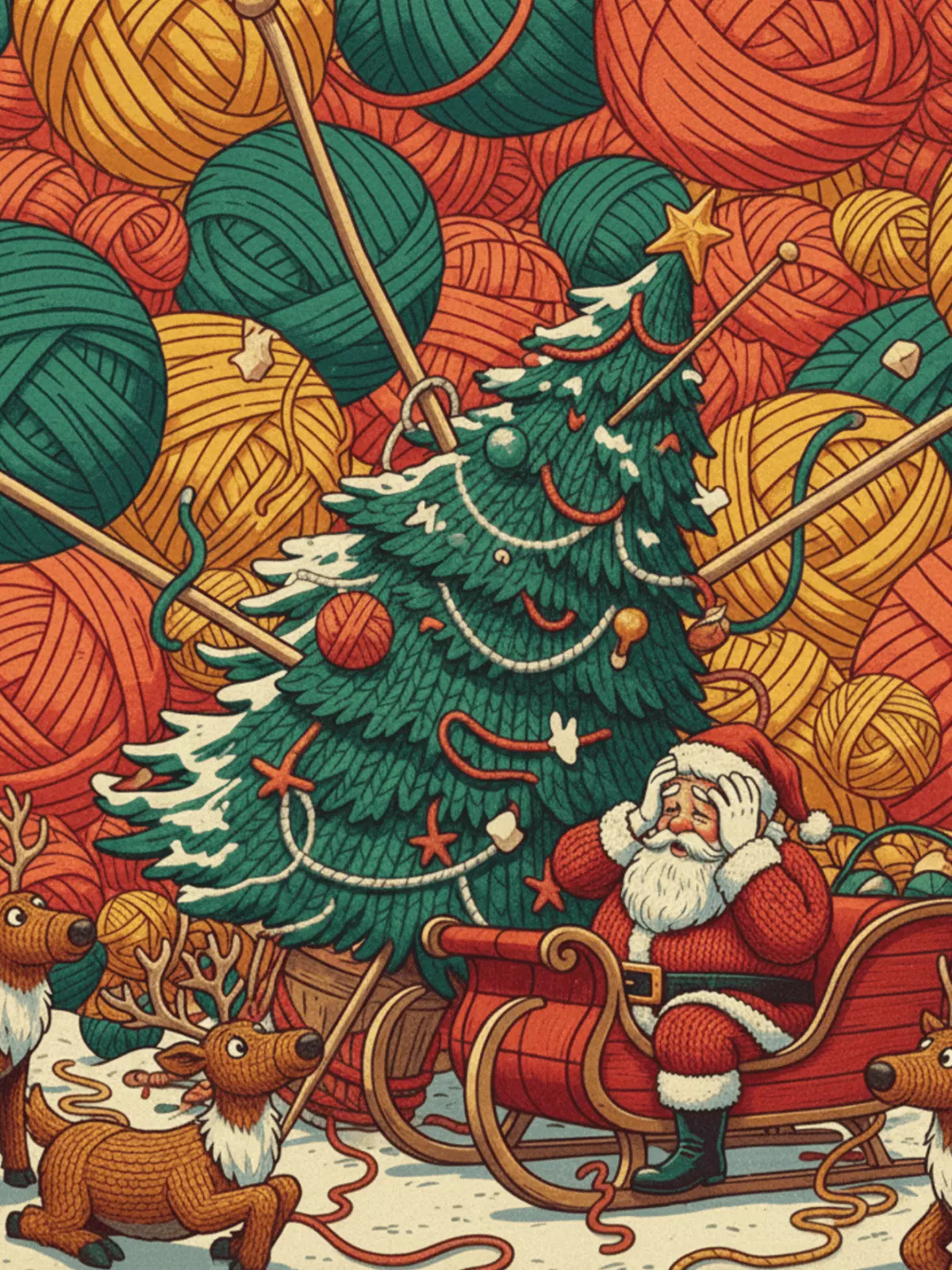 Vintage style Christmas card featuring Santa's sleigh stuck in a knitted Christmas tree, humorous holiday greeting