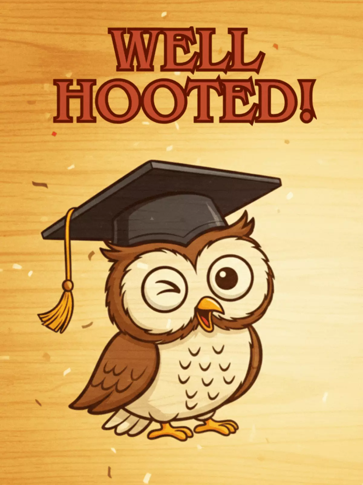 Vintage-style graduation card featuring a bewildered owl wearing a mortarboard on a woodgrain background. Funny and retro design for congratulating graduates.