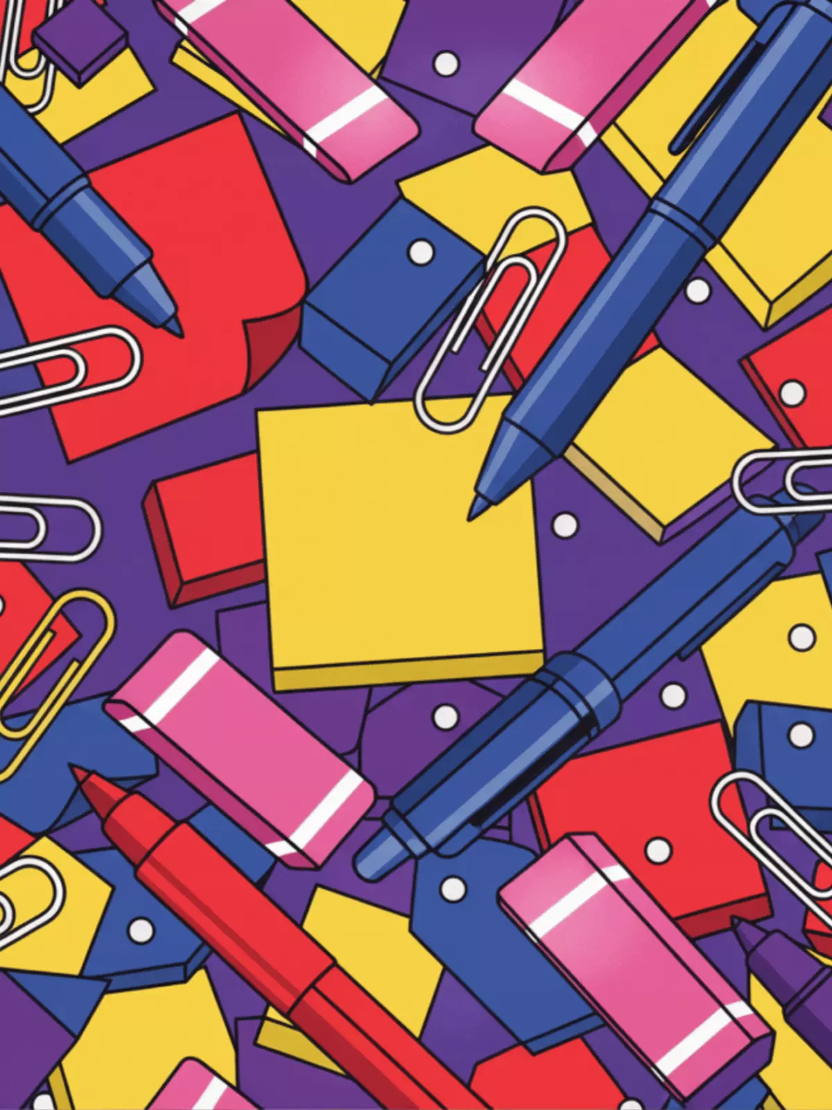 Abstract employee appreciation card featuring a colorful and humorous pattern made of office supplies like pens, paperclips, and sticky notes.