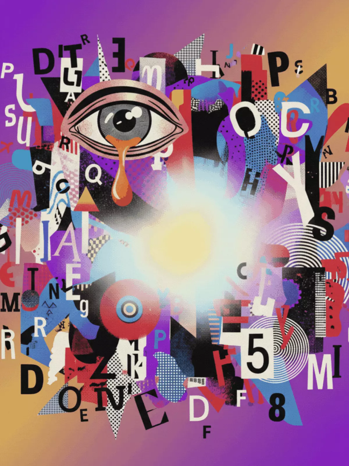 Dada-inspired apology card with clashing colors and fragmented shapes, expressing regret, abstract and bold design