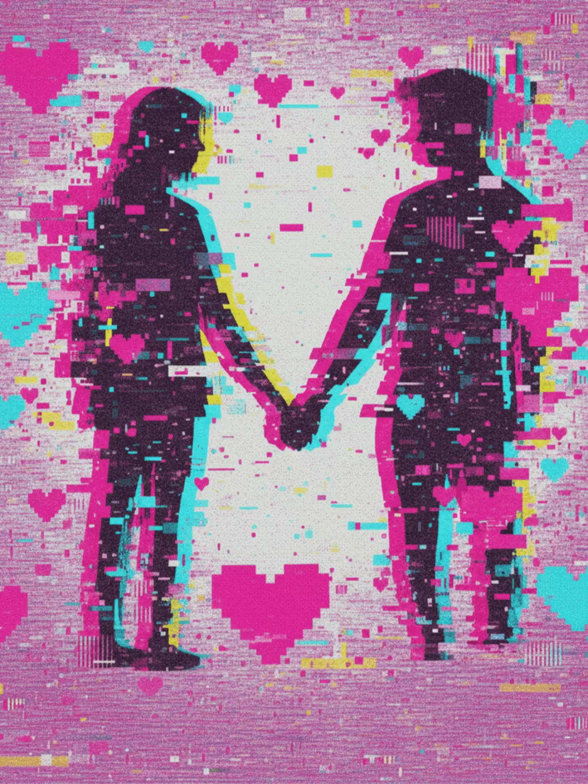 Funny Valentine's Day card featuring glitch art and pixelated hearts, abstract design, humorous message, perfect for Valentine's week