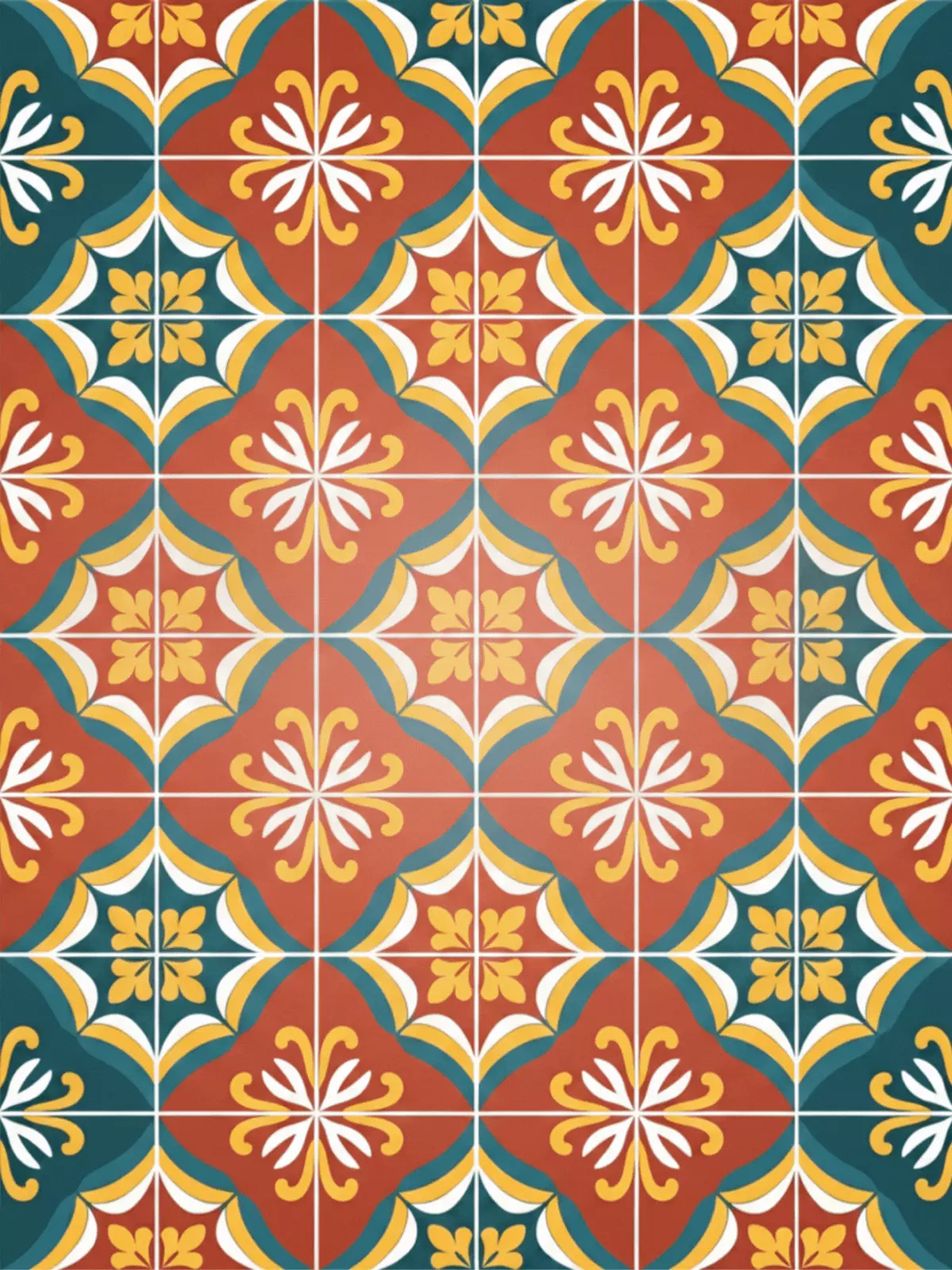 Mediterranean tile pattern card, warm colors, intricate design, 'Just Because' greeting card, illustration style.