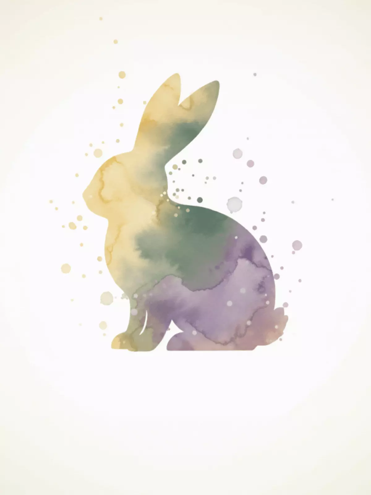 Minimalist Easter card featuring a watercolor bunny silhouette in soft pastel colors and simple, clean sans-serif text, conveying 'Simple Wishes'.