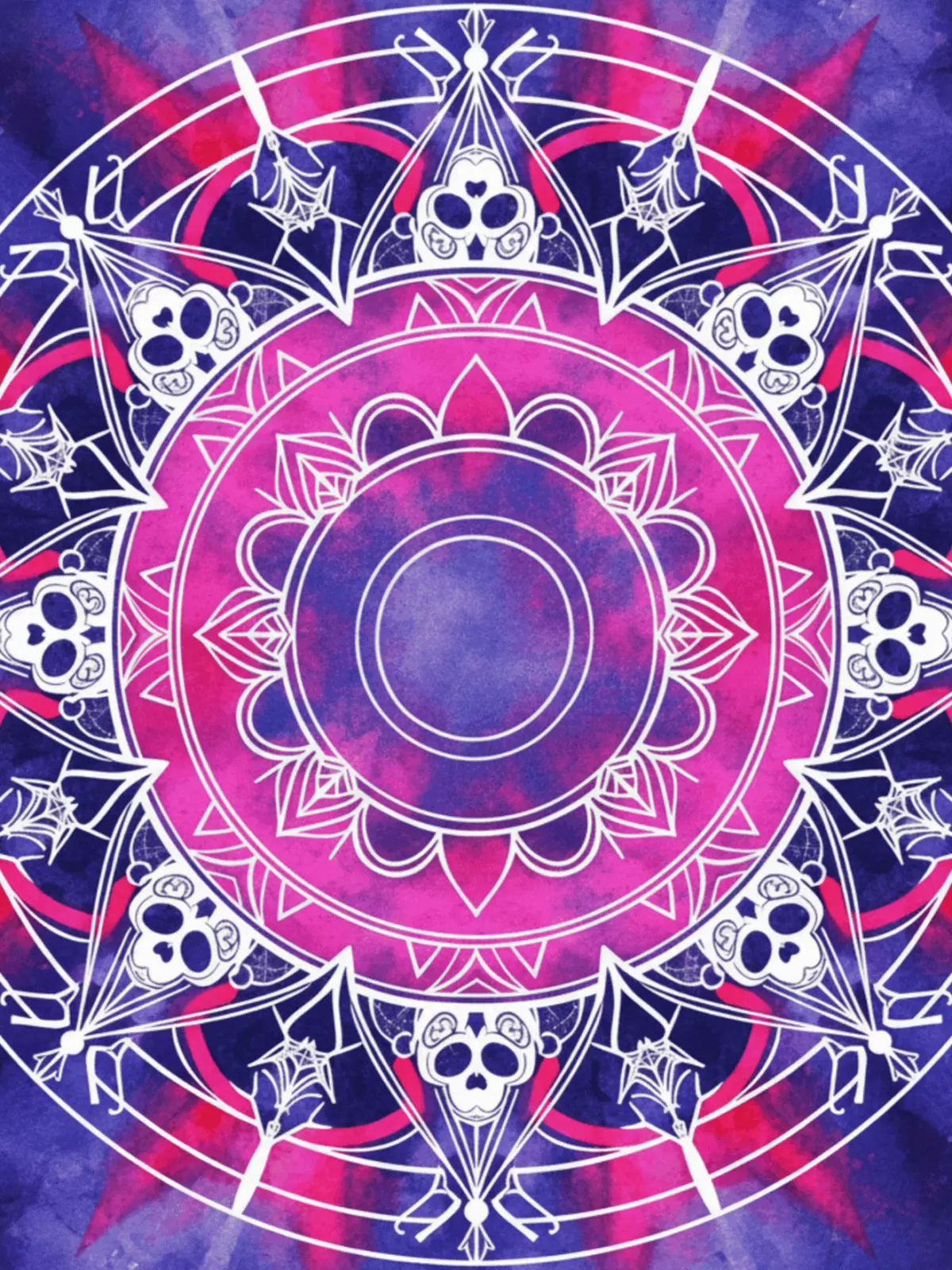 Watercolor Halloween card featuring a dark and vibrant Indian mandala pattern with spooky symbols like bats and skulls, artistic design, perfect for friends and family.