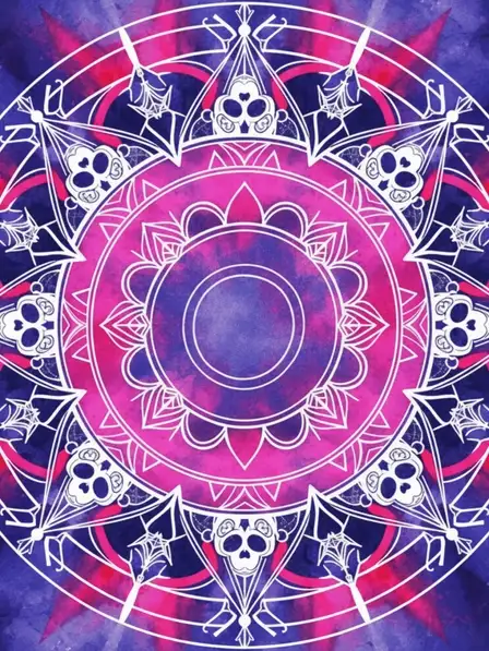 Watercolor Halloween card featuring a dark and vibrant Indian mandala pattern with spooky symbols like bats and skulls, artistic design, perfect for friends and family.