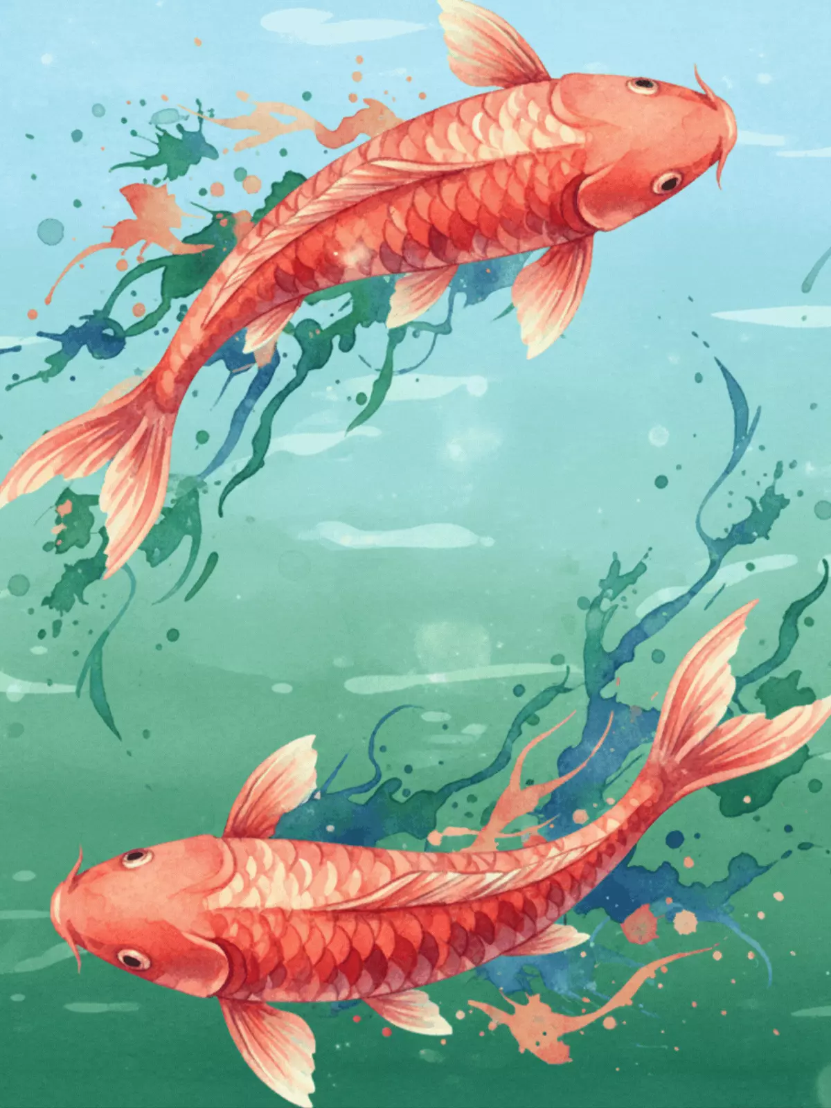 Watercolor Chinese New Year card featuring diagonal koi fish, symbolizing fortune and perseverance, artistic design.