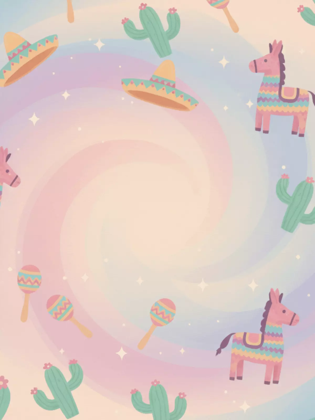 Pastel Cinco de Mayo card featuring whimsical fiesta illustrations, soft colors, and a humorous design style, perfect for celebrating Cinco de Mayo with kids and parents.