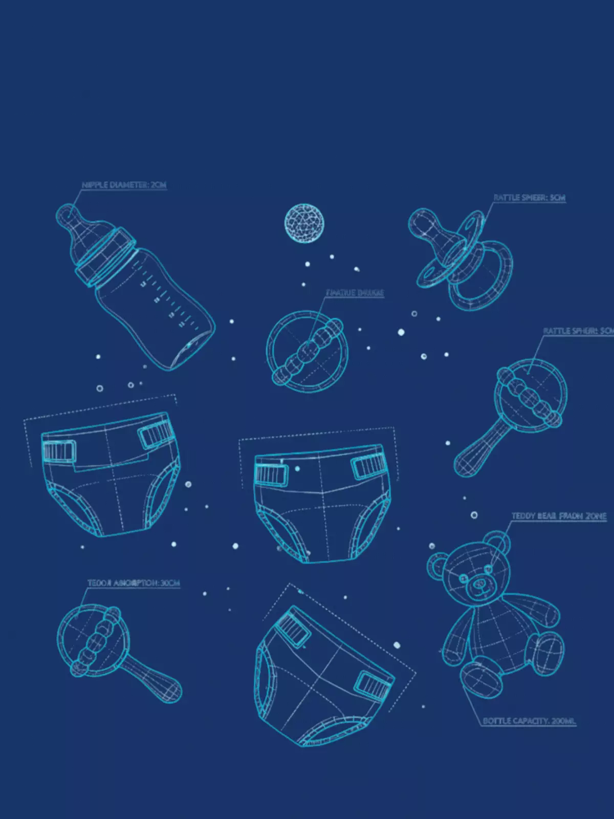 Humorous baby shower card featuring a blueprint design with wireframe baby items like bottles, rattles, and teddy bears on a white background.