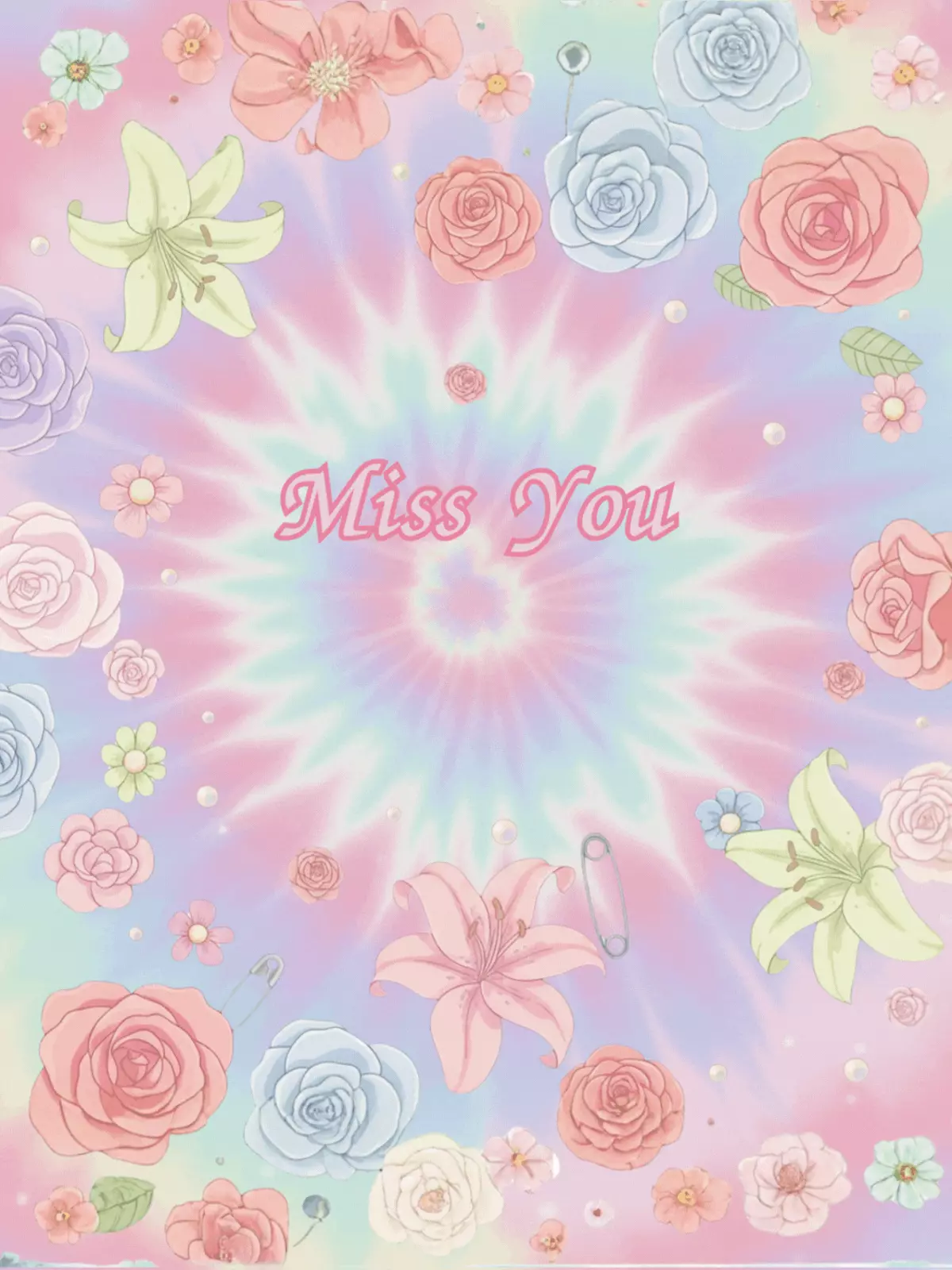 Whacky pastel punk floral 'Miss You' card featuring pastel colored flowers with punk rock accents like studs. Design is perfect for teens and friends.