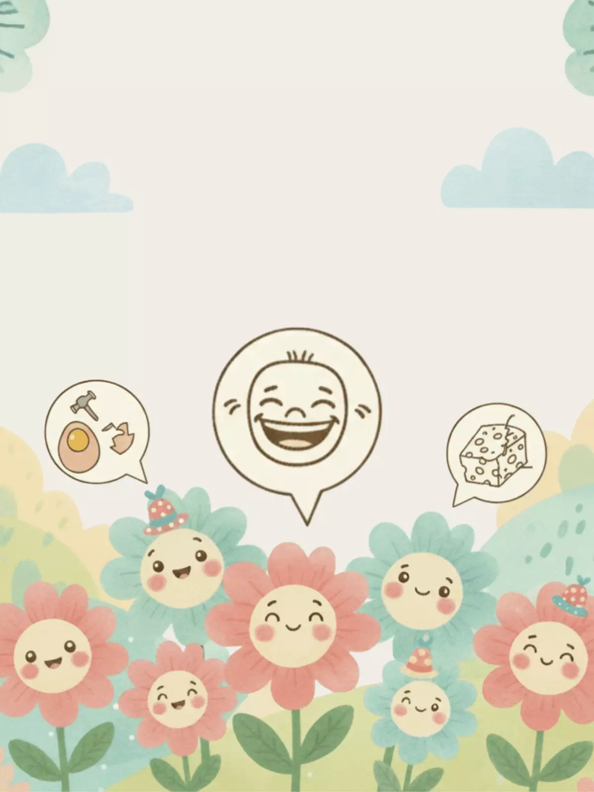 Watercolor friendship card featuring funny, anthropomorphic flowers in a garden setting, whimsical and colorful design.