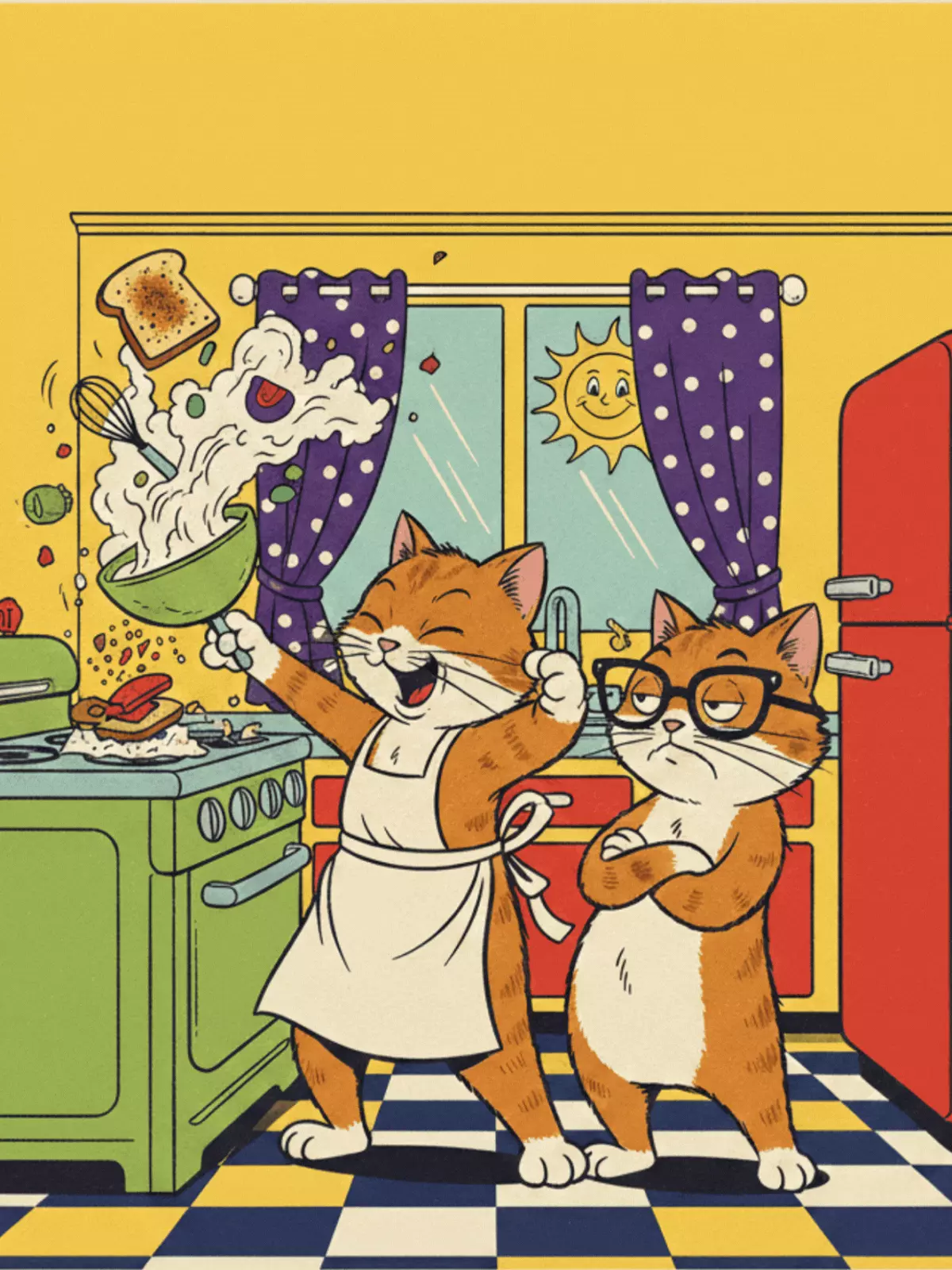 Vintage-style greeting card with cartoon cats in a retro kitchen, featuring bright colors and a funny saying.