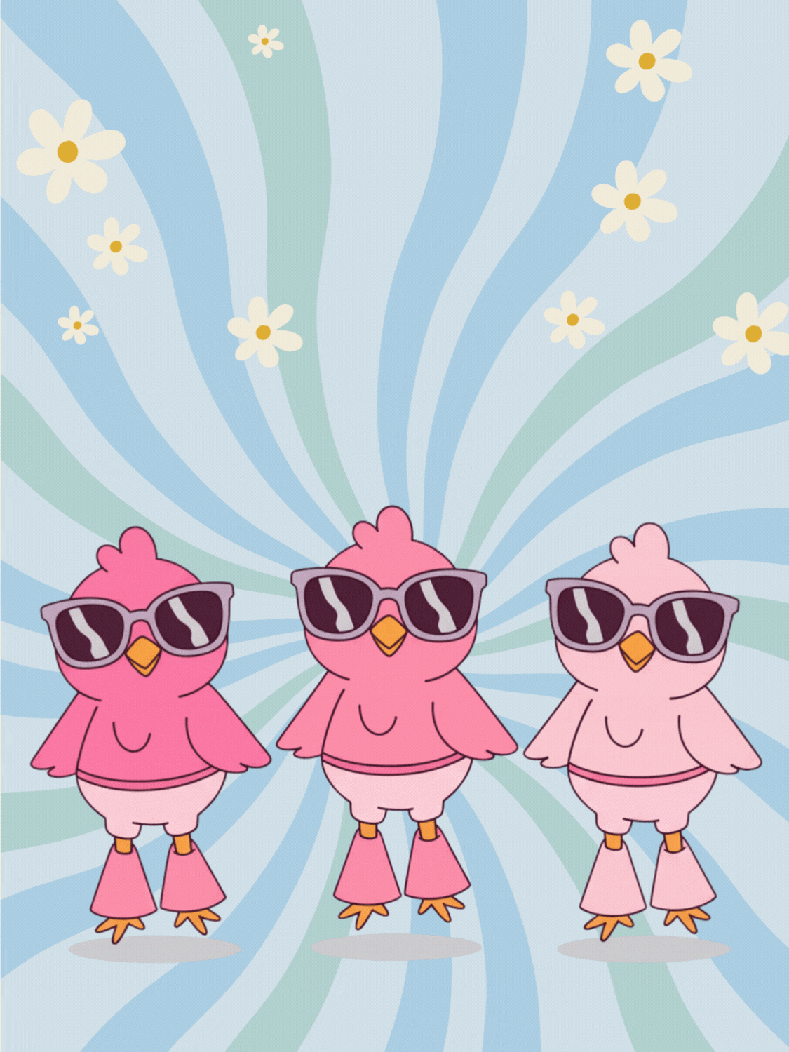 Groovy Easter card featuring funny retro chicks in analogous colors, vintage design style, perfect for Easter greetings.