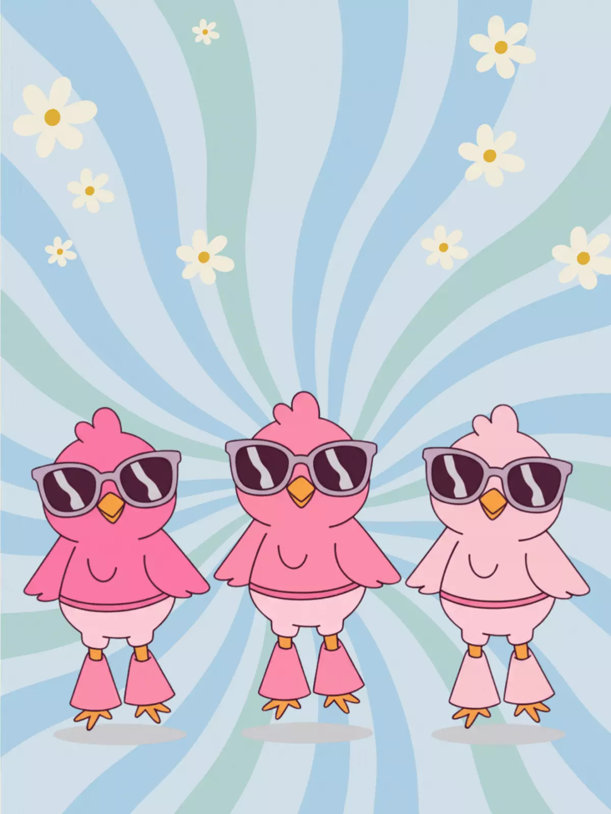 Groovy Easter card featuring funny retro chicks in analogous colors, vintage design style, perfect for Easter greetings.