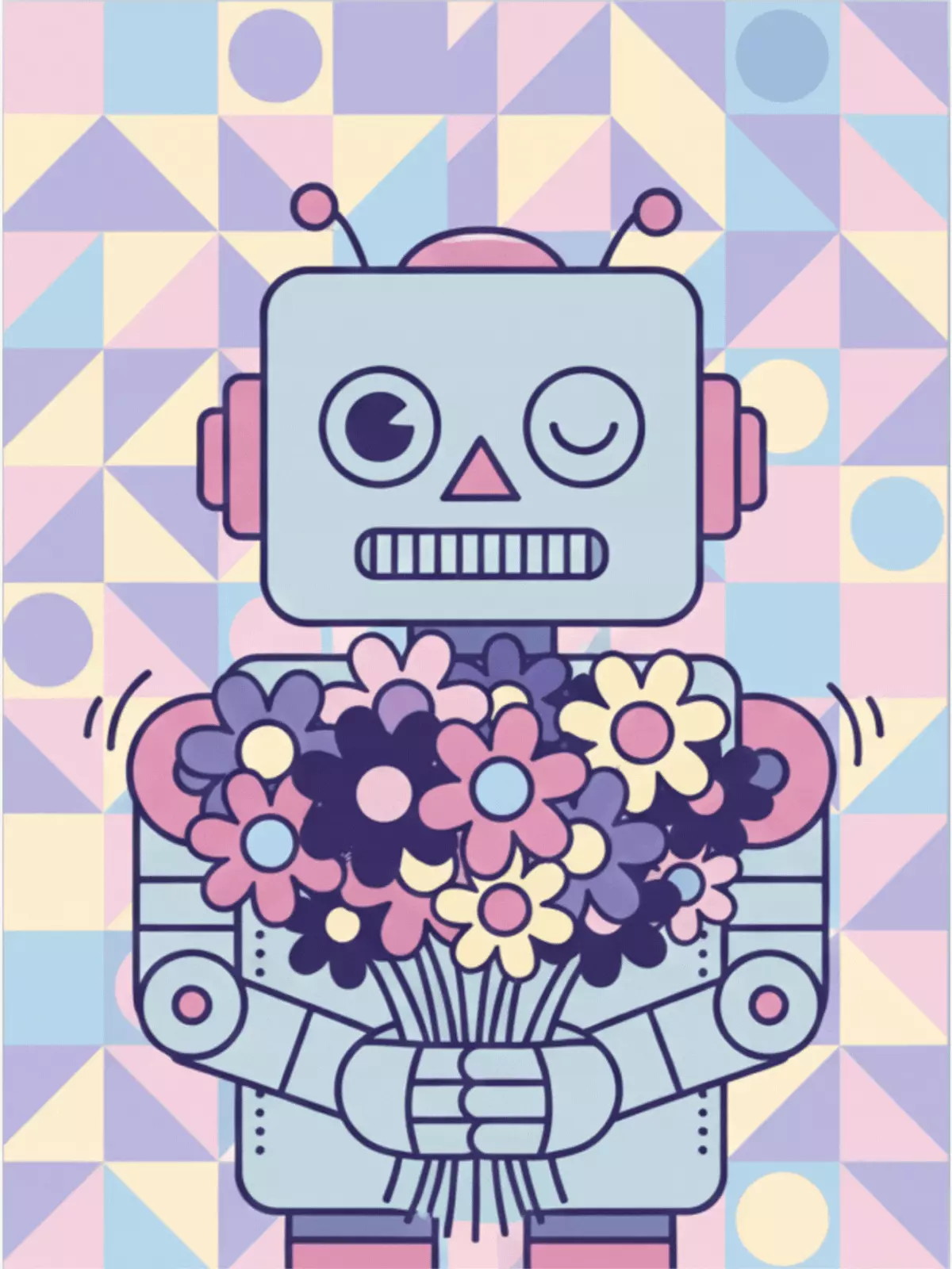 Vintage-style Mother's Day card featuring a retro robot delivering flowers, bright colors, funny design, perfect for a unique Mother's Day greeting