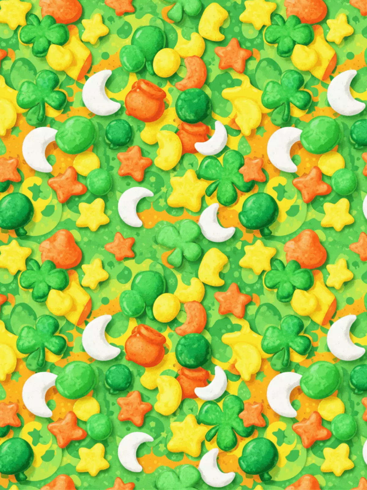 St. Patrick's Day card with abstract lucky charms pattern, vibrant colors, playful design, suitable for kids and friends.