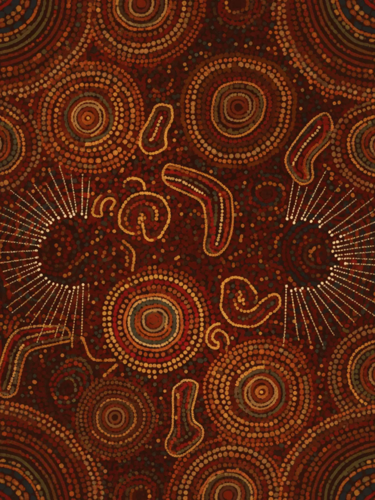 Australia Day greeting card featuring Indigenous dot art design in warm earthy tones, abstract pattern style, celebrating Australian culture
