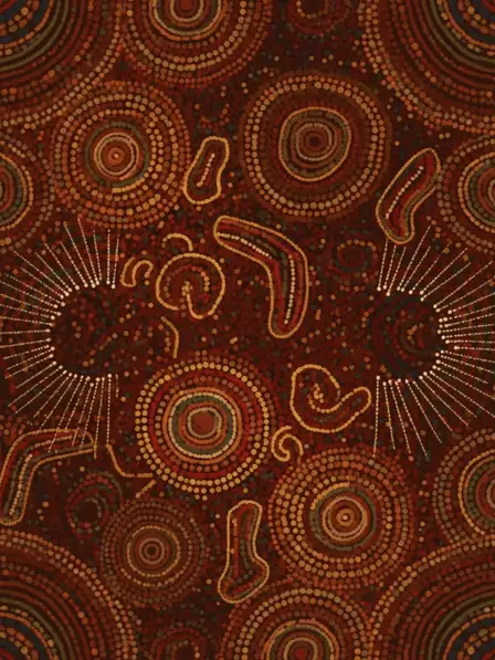 Australia Day greeting card featuring Indigenous dot art design in warm earthy tones, abstract pattern style, celebrating Australian culture