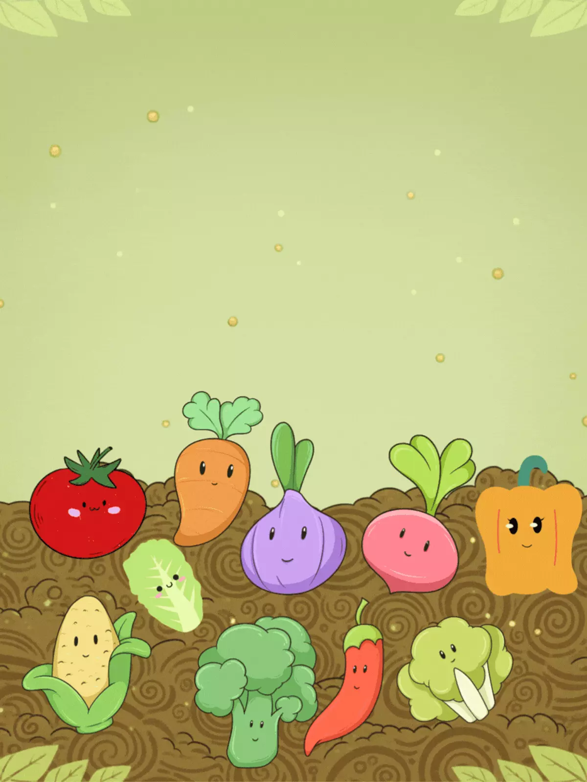 Funny Earth Day card featuring giggling vegetables in a whimsical garden, analogous color scheme, perfect for kids and friends.