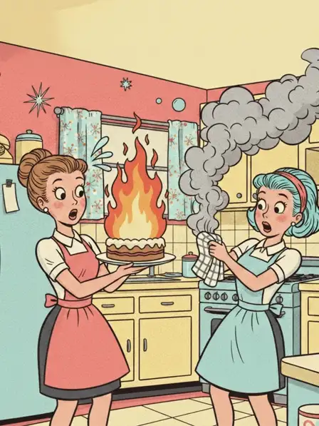 Humorous vintage Sister's Day card featuring two cartoon sisters in a 1950s style kitchen, retro design, funny illustration