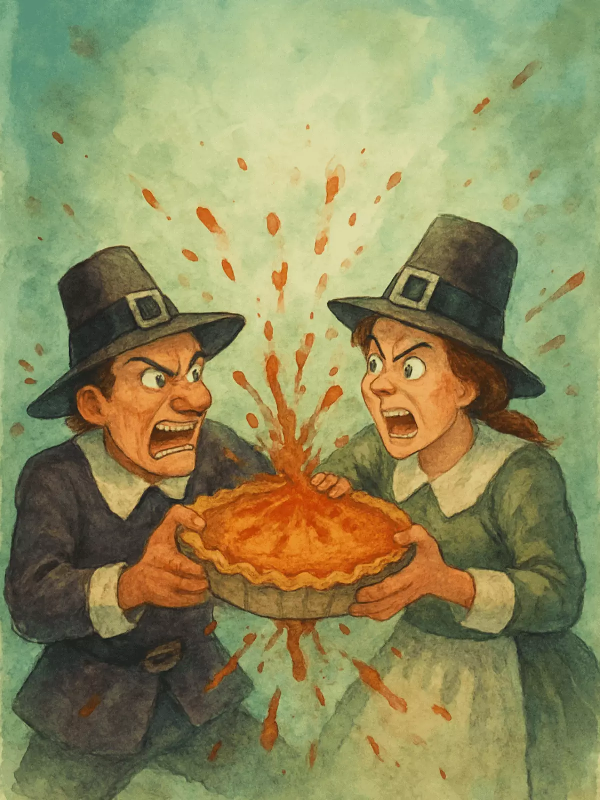 Watercolor Thanksgiving card depicting a humorous pie fight between pilgrims, colorful and lighthearted design, perfect for sending funny Thanksgiving greetings.