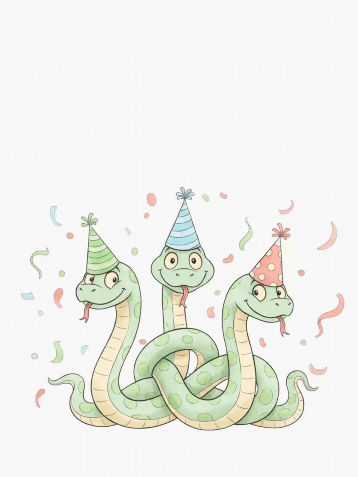 Watercolor New Year card with cartoon snakes wearing party hats, whimsical and funny design, perfect for kids and friends