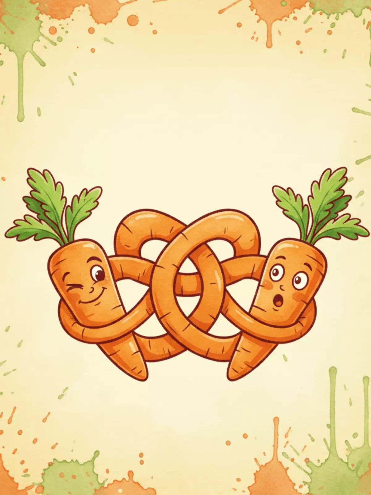 Humorous Easter card featuring watercolor carrots forming a Celtic knot, artistic style, playful and funny Easter greeting