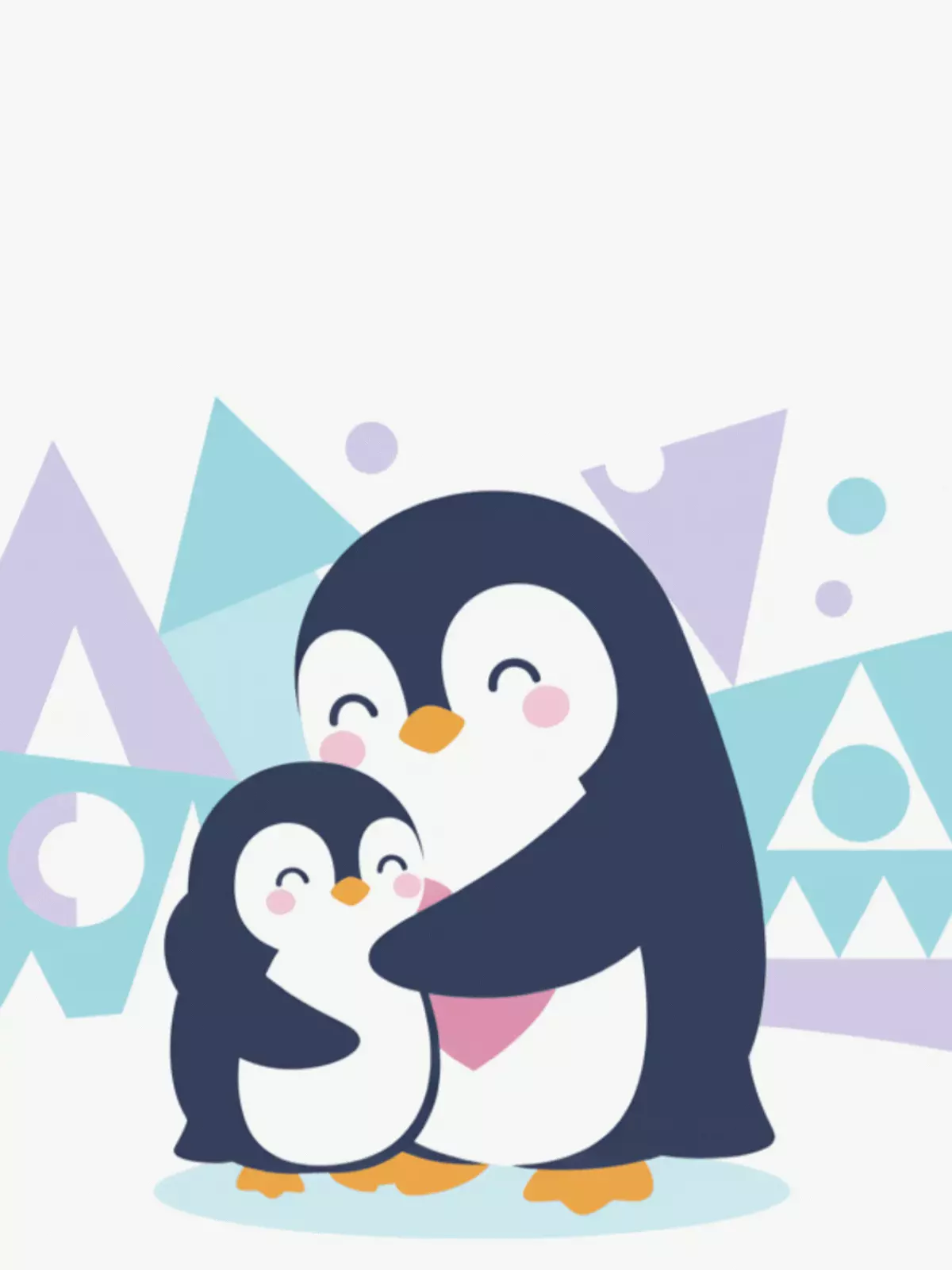 Minimalist Mother's Day card featuring two blue cartoon penguins hugging, representing a mother and child, with a snow scene backdrop.