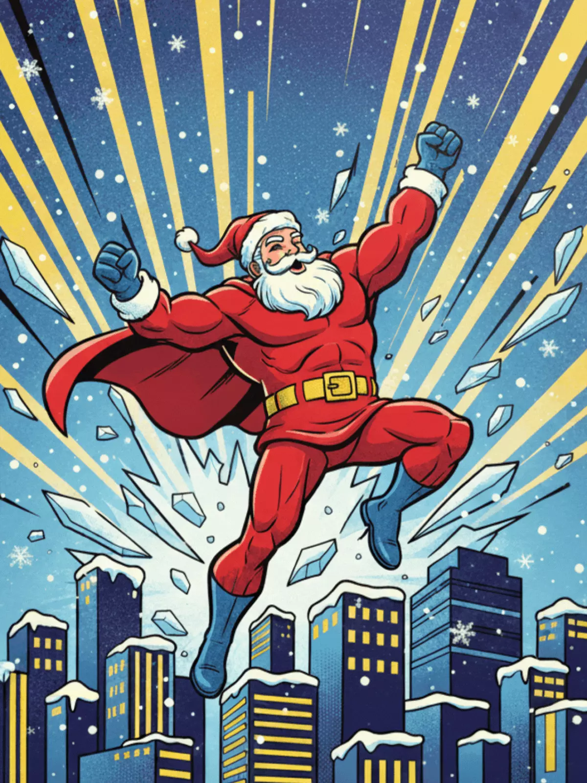 Funny holiday card featuring a superhero Santa in a comic book style, primary colors, modern design.