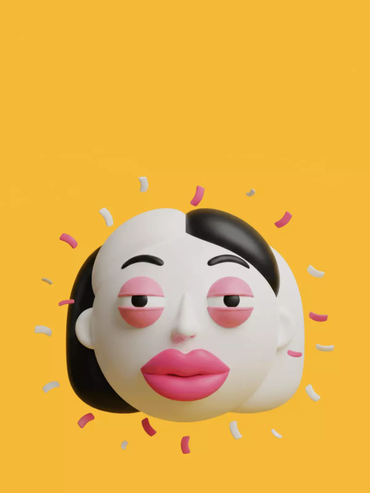 Funny 3D Women's Day card featuring exaggerated facial features, minimalist modern design, celebrating women and friendship.