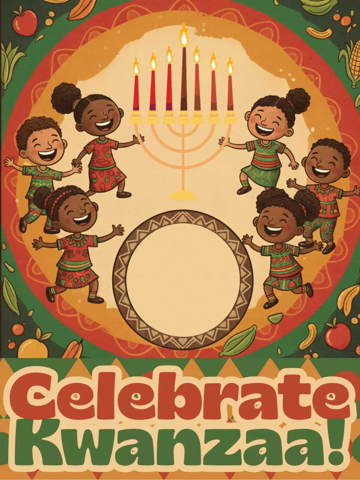 Whimsical Kwanzaa card with a frame design and playful illustrations, celebrating the holiday with vibrant colors and joyful imagery, suitable for kids and friends.