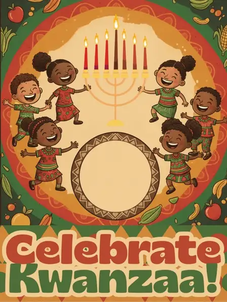 Whimsical Kwanzaa card with a frame design and playful illustrations, celebrating the holiday with vibrant colors and joyful imagery, suitable for kids and friends.
