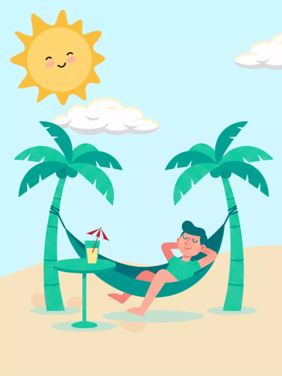 Flat design Labor Day greeting card featuring a person relaxing in a hammock, whimsical and cheerful illustration.