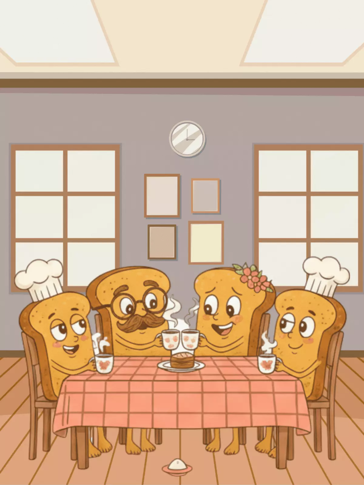 Humorous Family Day card featuring anthropomorphic toast family having dinner, warm colors, whimsical design.