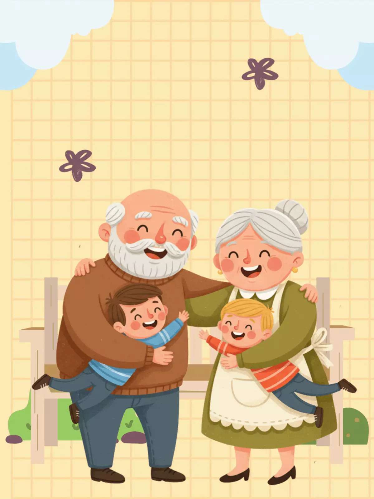 Humorous Grandparents Day card featuring hand-drawn characters, earth tones, and the message "Big Grandparent Hugs!"