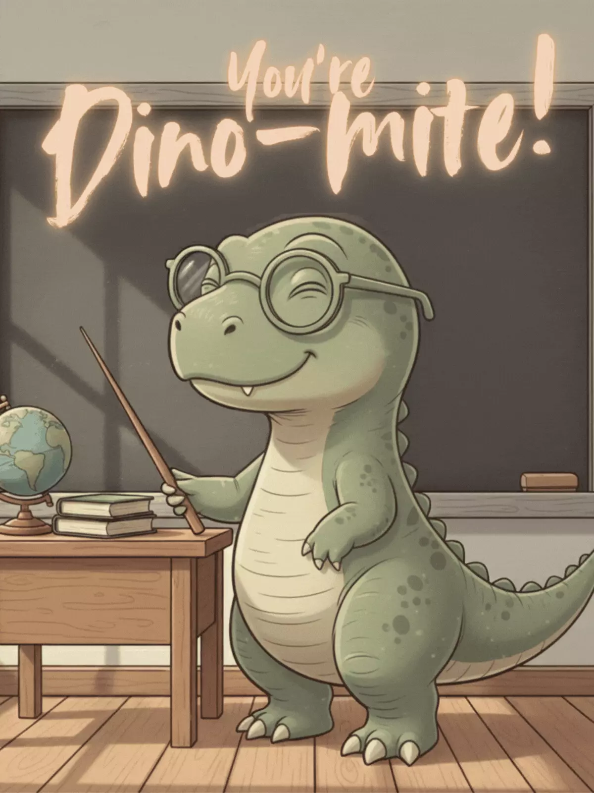 Humorous Teacher's Day card featuring a cute dinosaur in a classroom, muted colors, with the text "You're Dino-mite!"