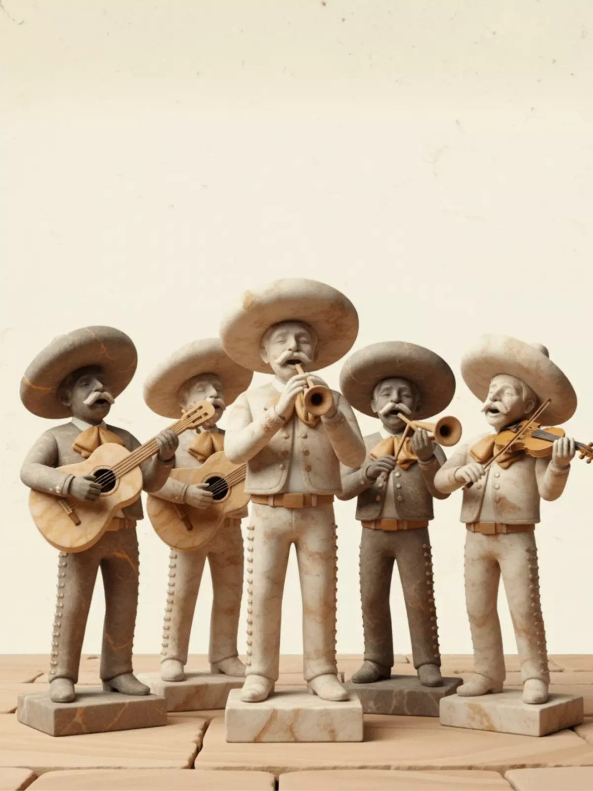 Humorous Cinco de Mayo card featuring a mariachi band made of marble and stone textures. The card reads 'Rock On!' with a whimsical design style.