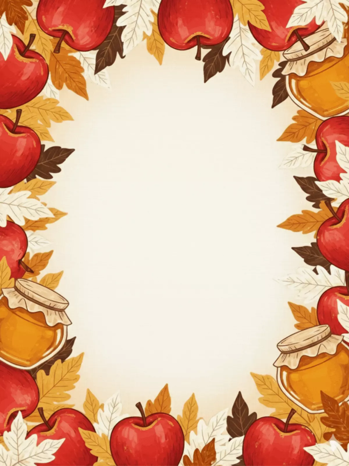 Rosh Hashanah card featuring apples, honey jars, and autumn leaves, symbolizing the sweetness of the new year. Nature-inspired design.
