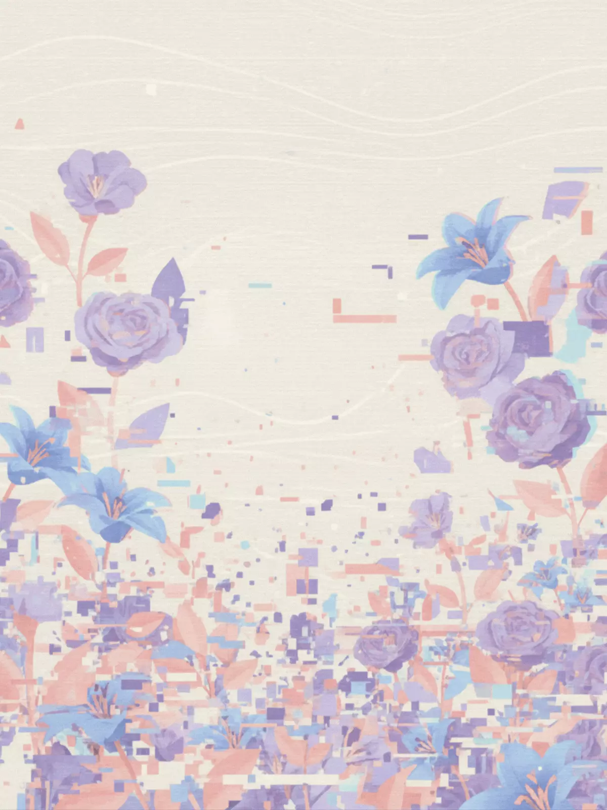 Glitch art style get well card featuring a garden recovering, with colorful floral elements, modern design.