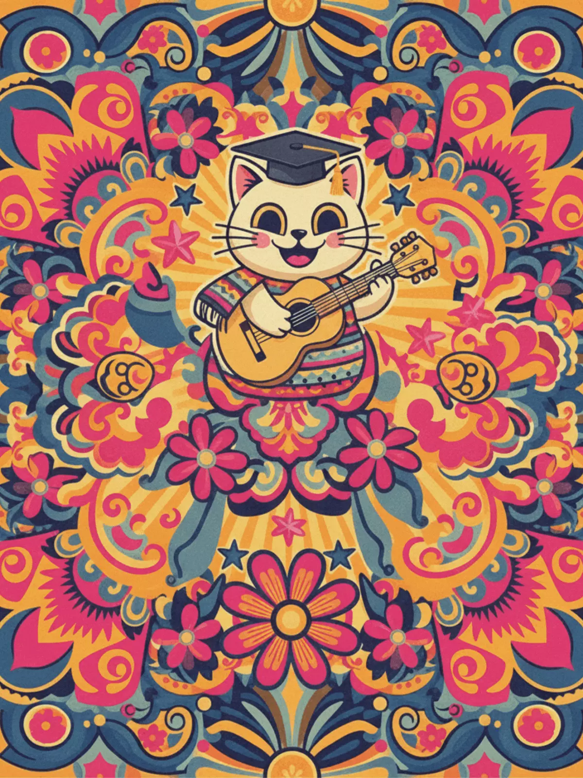 Vintage-style graduation card featuring a mariachi cat in Mexican folk art style, congratulating the graduate with musical celebration, vibrant colors.