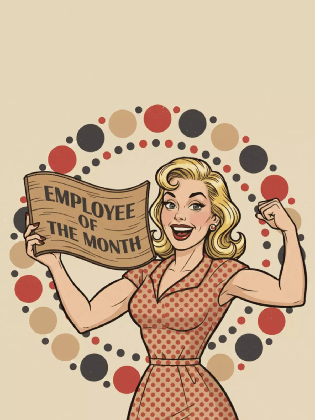 Retro pin-up style work anniversary card featuring a woman hammering a nail with the pun "Nailed It!" in bold lettering.