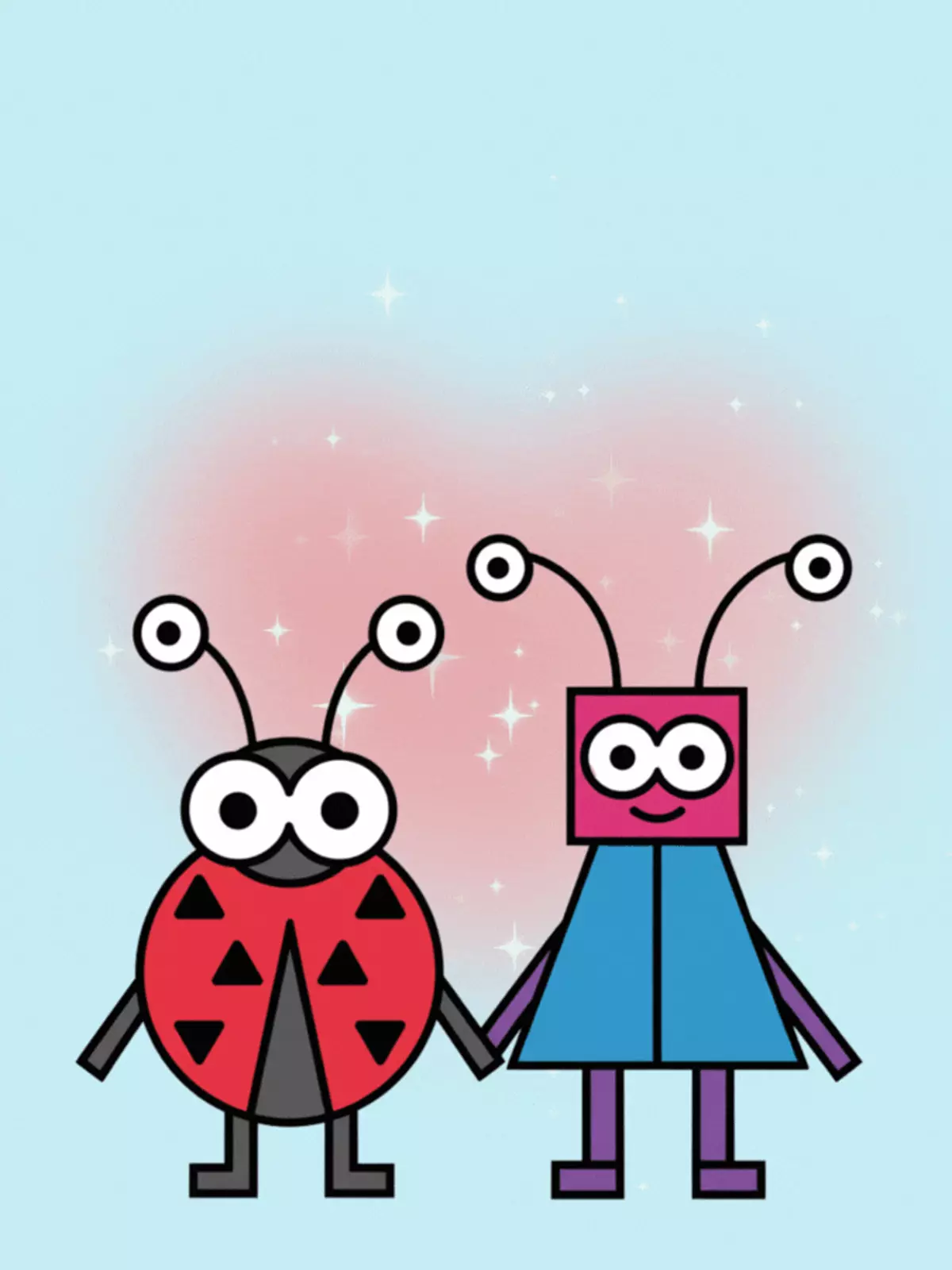 Vintage-style Valentine's card with comical bees and insects in love, geometric Art Deco design, funny and playful, perfect for Valentine's week.